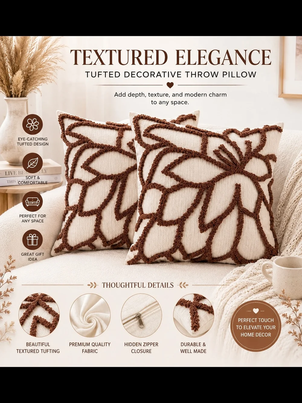 Textured Elegance Tufted Decorative Throw Pillow - Cream And Coffee With Insert